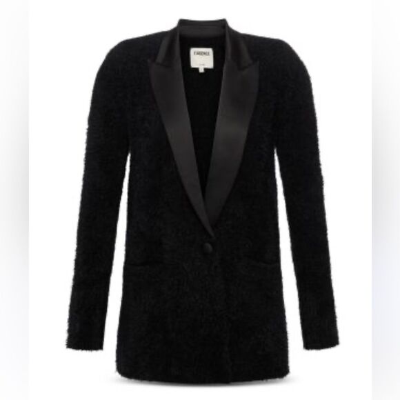 NEW L’Agence Baileigh Satin Lapel Fuzzy Knit Cardigan Black Size Medium - Picture 2 of 9